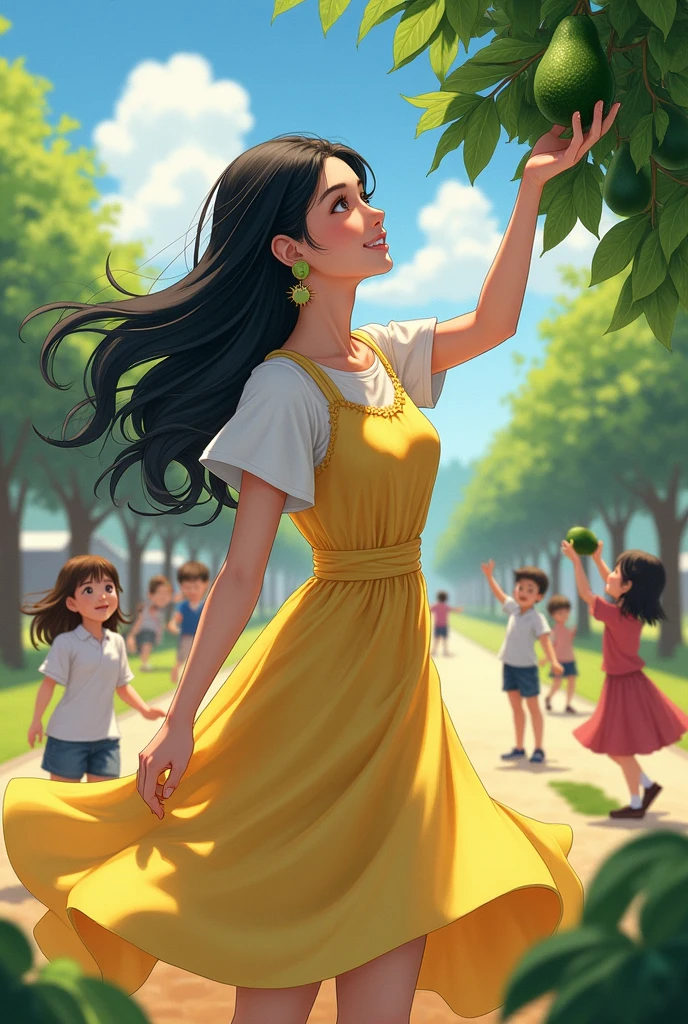 black-haired teacher, long and loose, avocado shaped earrings, at the country school with children playing and the teacher picking avocados, with a beautiful dress