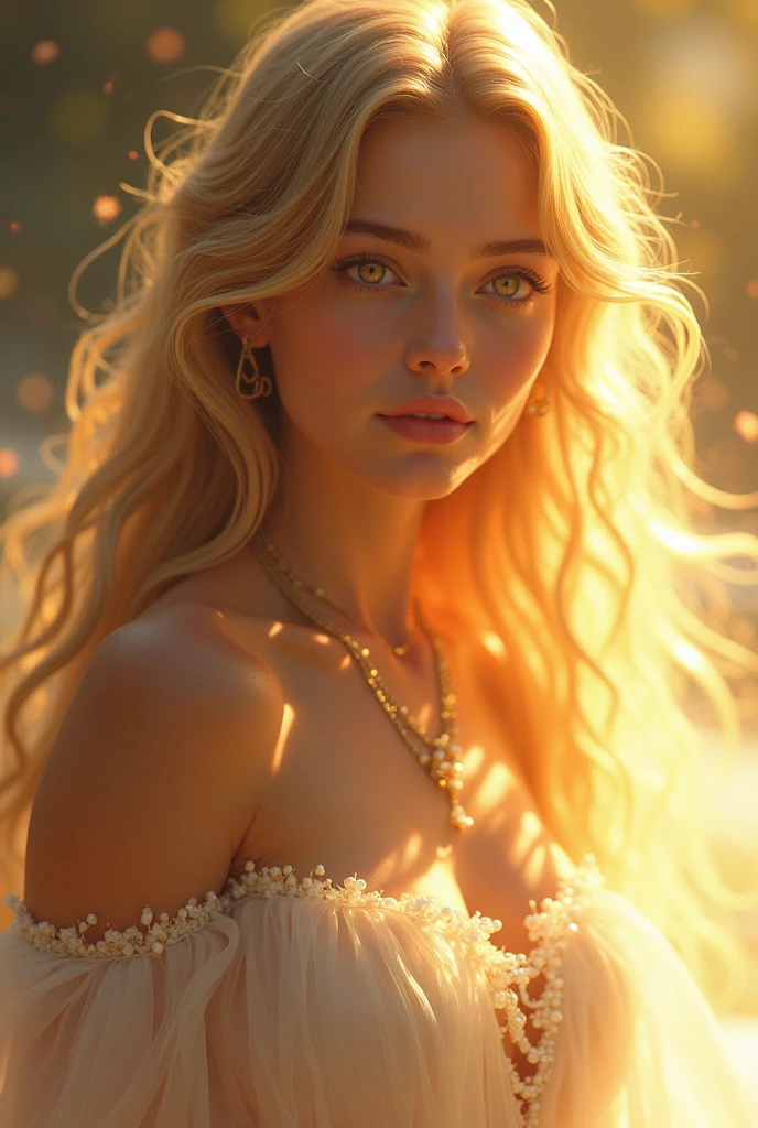 a goddess of drawing light, BROWN SKIN, golden eyes and golden hair, with a delicate white dress with pearls