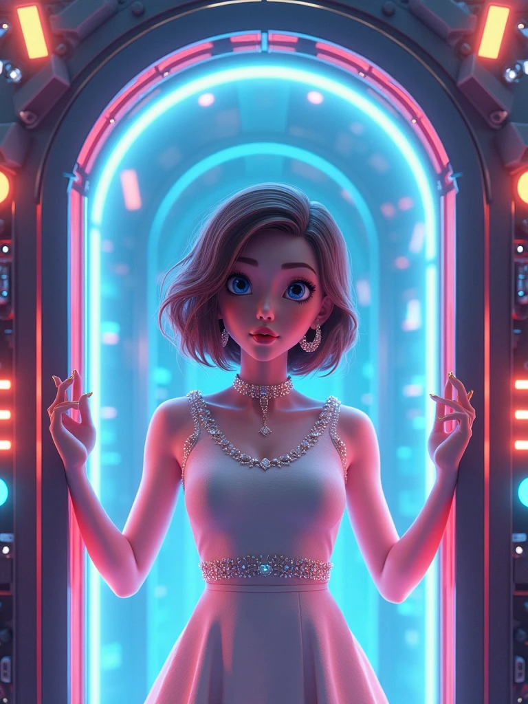 a pretty girl, wearing fashionable casual clothes, inside a teleport machine, short brown hair, vibrant colors, futuristic, sparkling jewelries, real cartoon 3D, fantasy