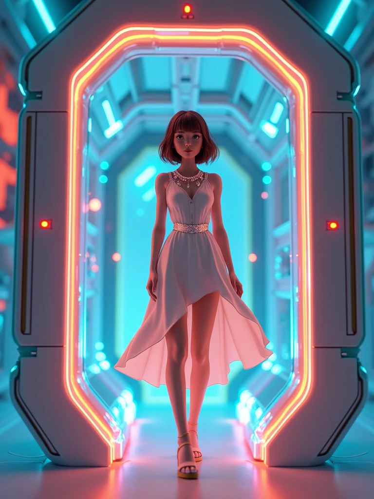 a pretty girl, wearing fashionable casual clothes, inside a teleport machine, short brown hair, vibrant colors, futuristic, sparkling jewelries, real cartoon 3D, fantasy
