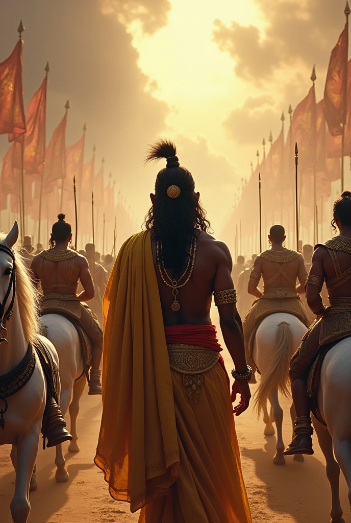 Krishna with Arjuna standing infront of their crores of army getting ready for the battle of kurukshetra with Chariot of white horses facing the army of kauravas


