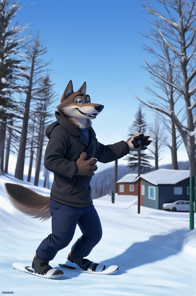 Larry (Zootopia), молодой wolf, gray fur, (brown body:1.3), beautiful blue eyes, Zootopia одетый, mask snowboarder,Winter jacket,Winter hat, , warm pants, boots, , dog,wolf, detailed fur, Male, second, paw pads, claws, looks at the viewer, 5 fingers, paws, 4 toes, B is walking down the street,is skiing,ka BREAK from Nextel, for dating, by xenoforge, (difficult, high detail,digital photography, soft focus,close to the camera, smile, positive, Good, mood, Houses, looks at the viewer, очень close to the camera,On the street is going,snowboarding, 
photorealism, realistic, photorealistic,digital style, subsurface scattering,очень close to the camera
шедевр, Best quality, ultra realistic, 8 thousand.)