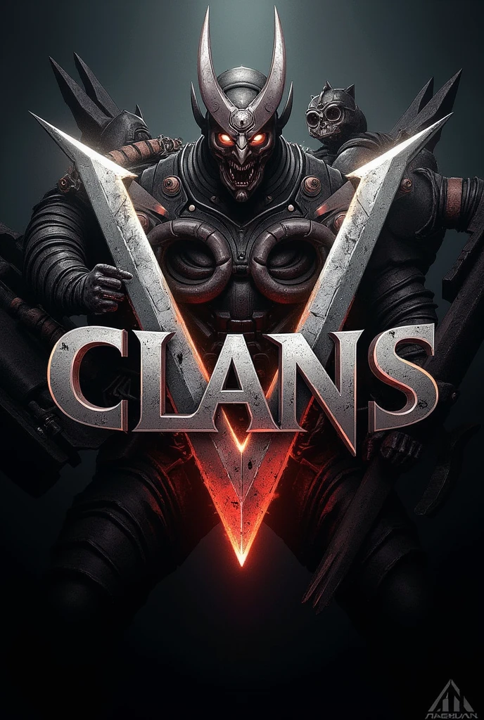 Create a crazy one with the words that say CLANS V and KNOWN in black and white metallic color with a black background 