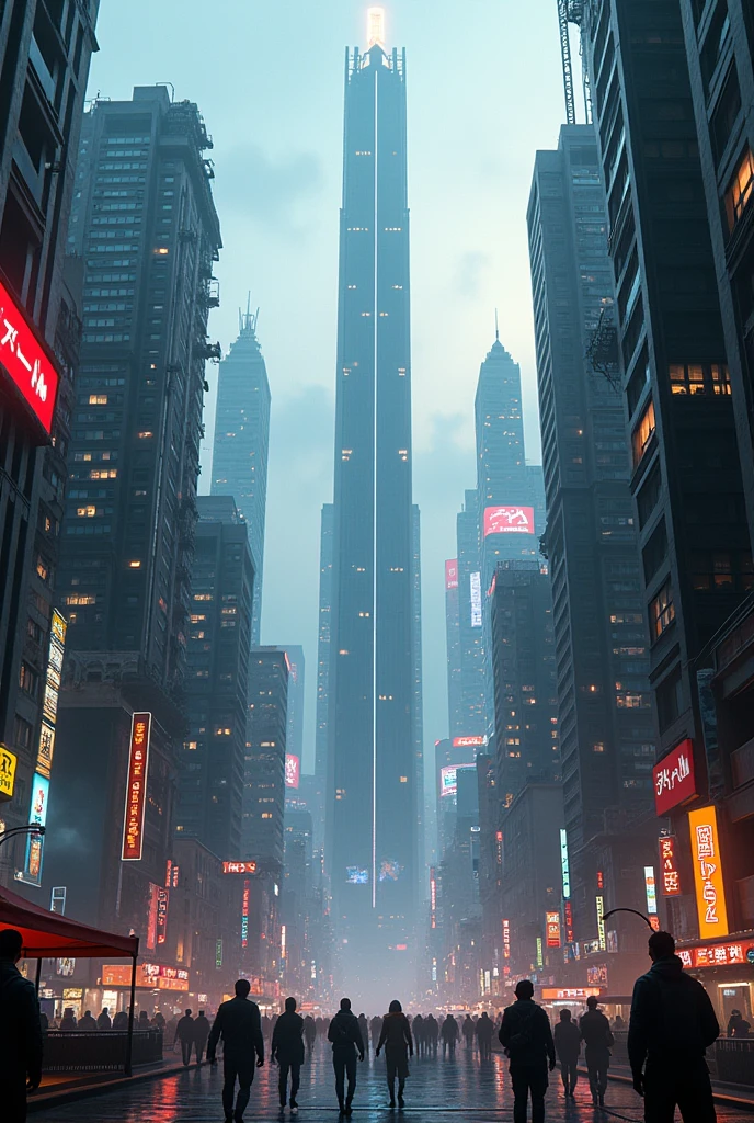 2 cities, dual horizons, normal city below, cyberpunk city above, long elevator in the middle of the cities, game characters avatars on the cities