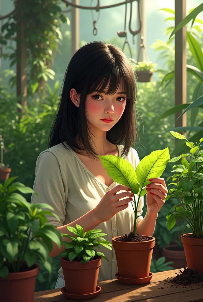 An image showing a dark-haired Latina woman with straight hair and slanted eyes. Being a plant doctor