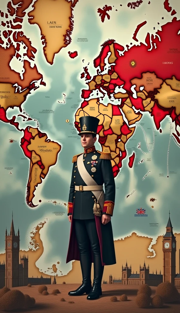 Show a world map highlighting British territories in red, with iconic symbols like Big Ben and the British flag. Include a figure in a colonial uniform to symbolize British rule.