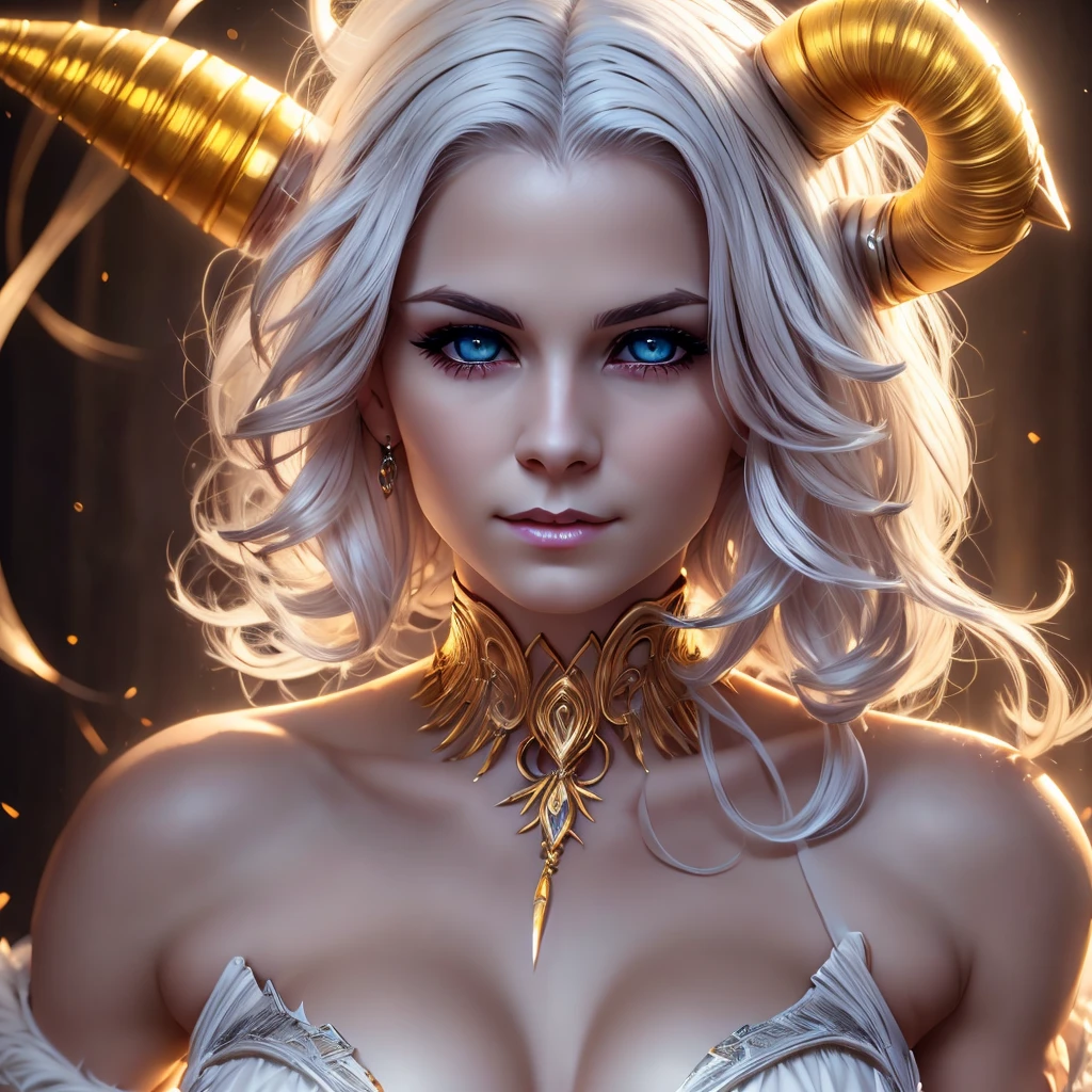 Woman happy white hair, short hair, yellow eyes, pale skin, feather ears, horns