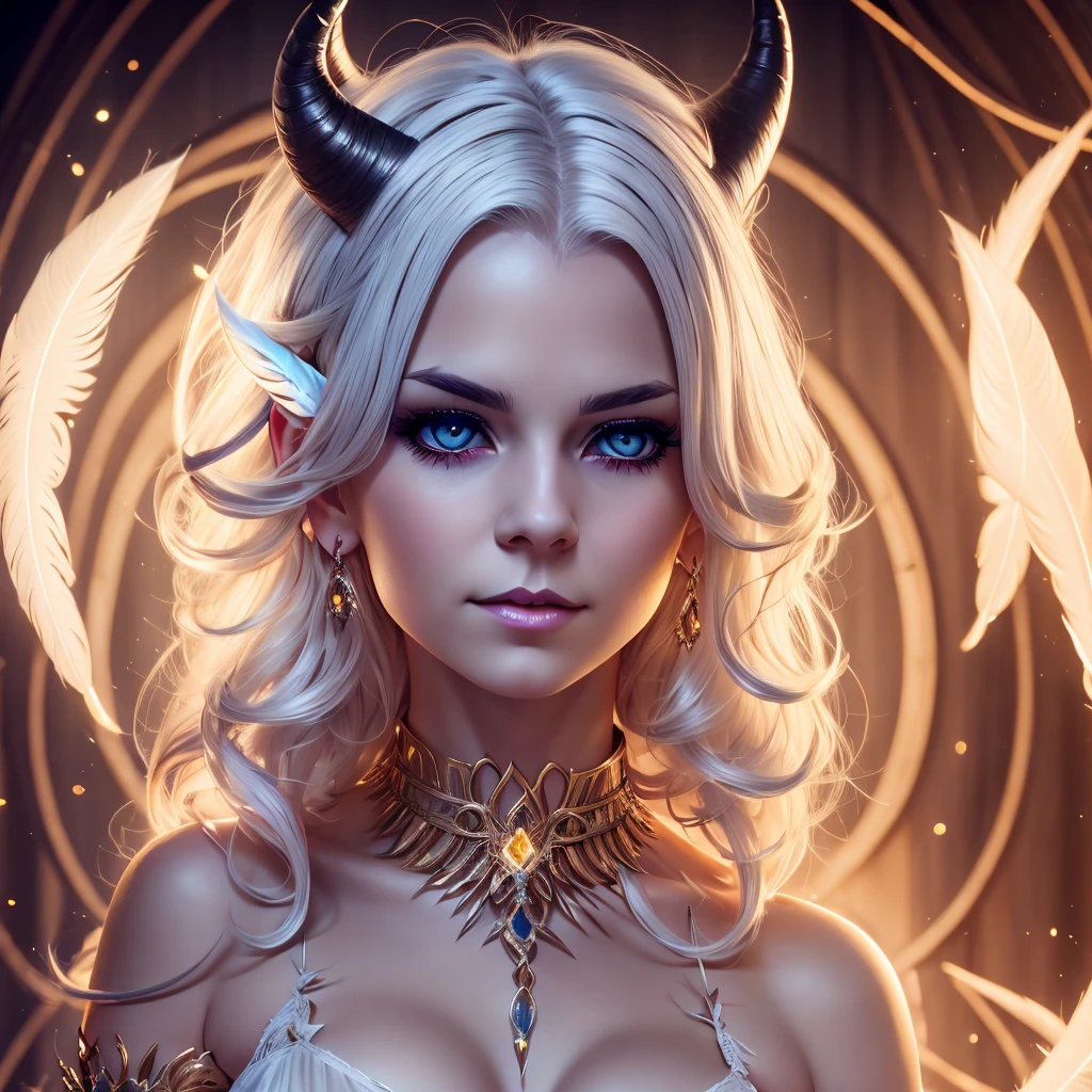 Woman happy white hair, short hair, yellow eyes, pale skin, feather ears, horns