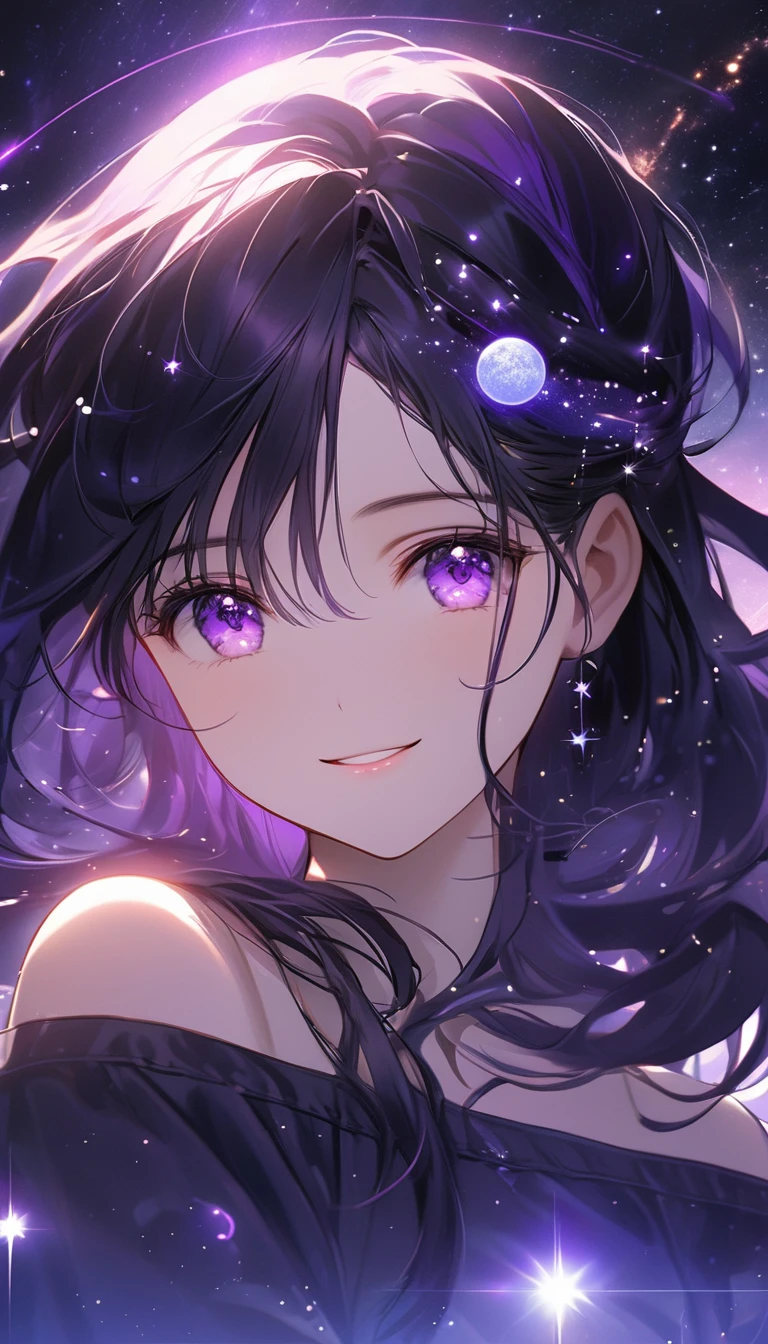 standing in front of a lake with a space theme, primarily in purple and white colors. The background should feature glowing stars, constellations, and comets scattered across the sky. Include a large, ringed planet in the lower left corner, with smaller planets and star-shaped accents throughout the scene. Add subtle nebula clouds and a gradient from dark purple to lighter shades, creating depth and a sense of vast space., Long black hair and purple eyes、An adult character wearing a black off-the-shoulder light denim top。She has purple hairpins in her hair、smile。Light up your face in a dimly lit atmosphere。Emotional atmosphere。Upper body close-up。front。