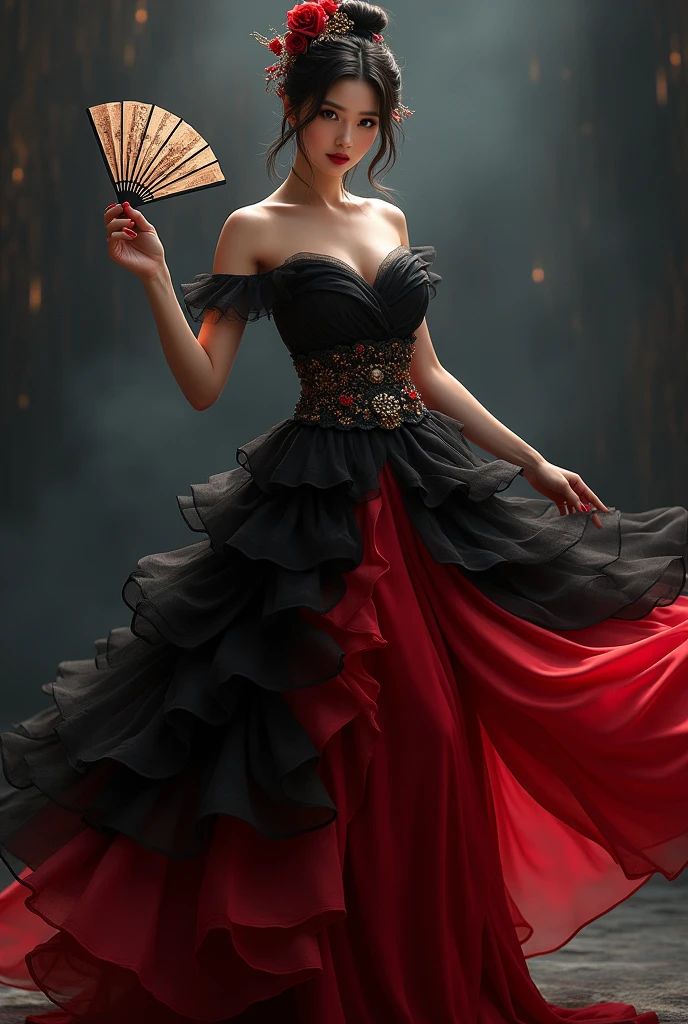 Woman with a sensual look , wearing black and red 7 layer skirt and fan in hand at night 