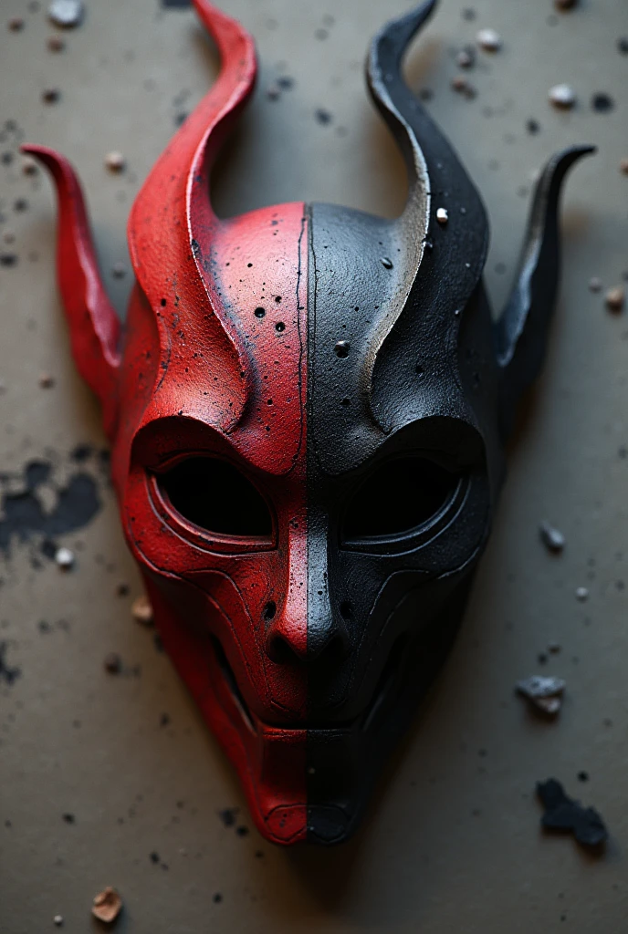 Black and red mask on a table. seen from above