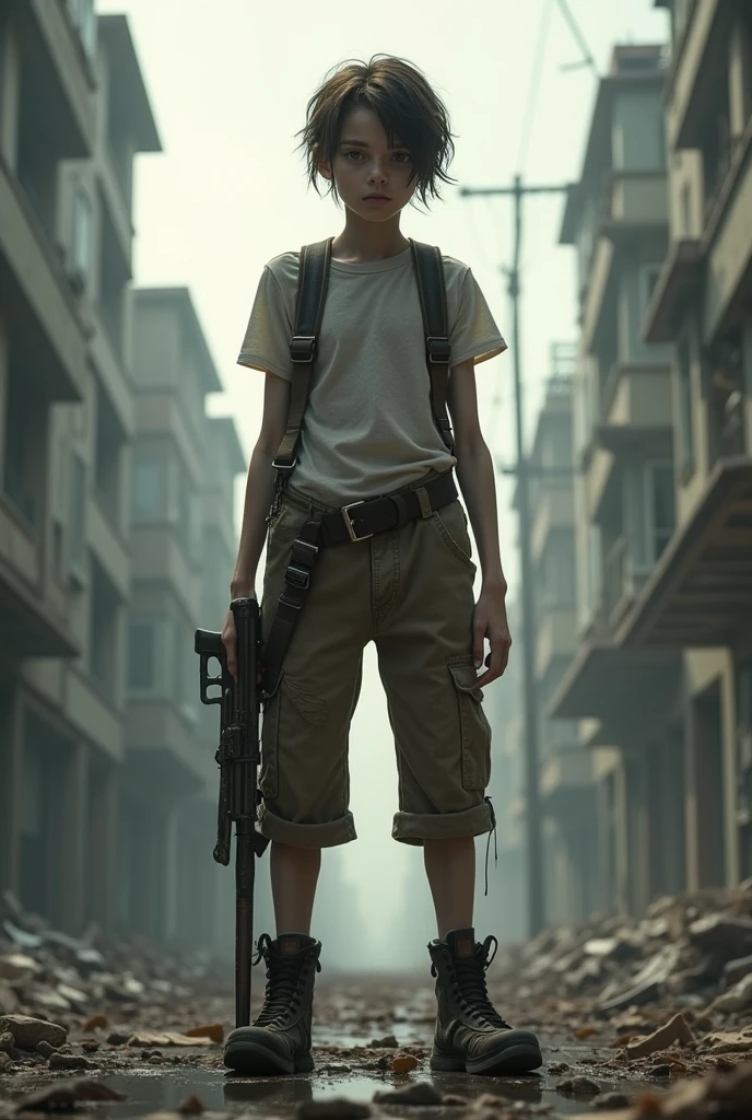 teenage character prepared for a zombie apocalypse, a very thin and weak character