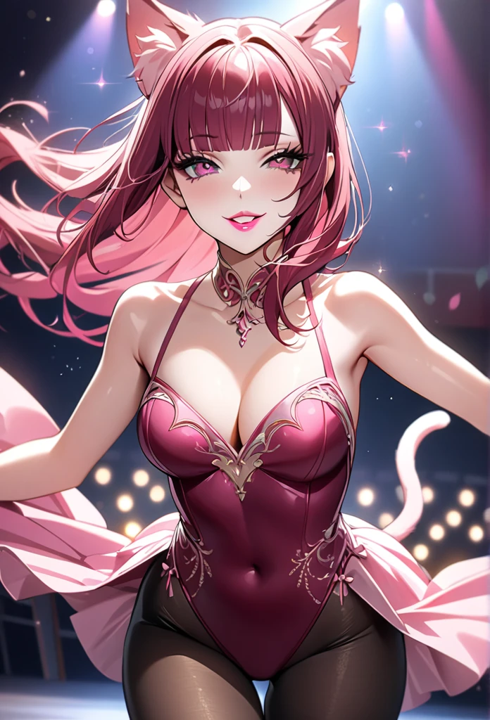 1girl, ballerina, ballet, pink ballet leotard, (masterpiece), best quality, (tights under leotard) highly detailed faces, graceful dancing (SHARP details), 4k, highly detailed, expressive eyes, SHARP detail expressive eyes, (SHARP detail perfect face), (cat ears), cat girl),maroon red hair,(shiny lipstick) (pink eyes), long hair, detailed face, medium breasts, long eyelashes, mature, (smirk, closed lips, big plump lips, eyeshadow) shiny skin, beautiful eyes,(detailed eyes, sharp eyes, clear pupils:0.8), blunt bangs, wispy bangs, naughty look, pink sparkles, butt, thighs, stage background, dark simple stage, cleavage (hair in bun) messy bun, cute hair