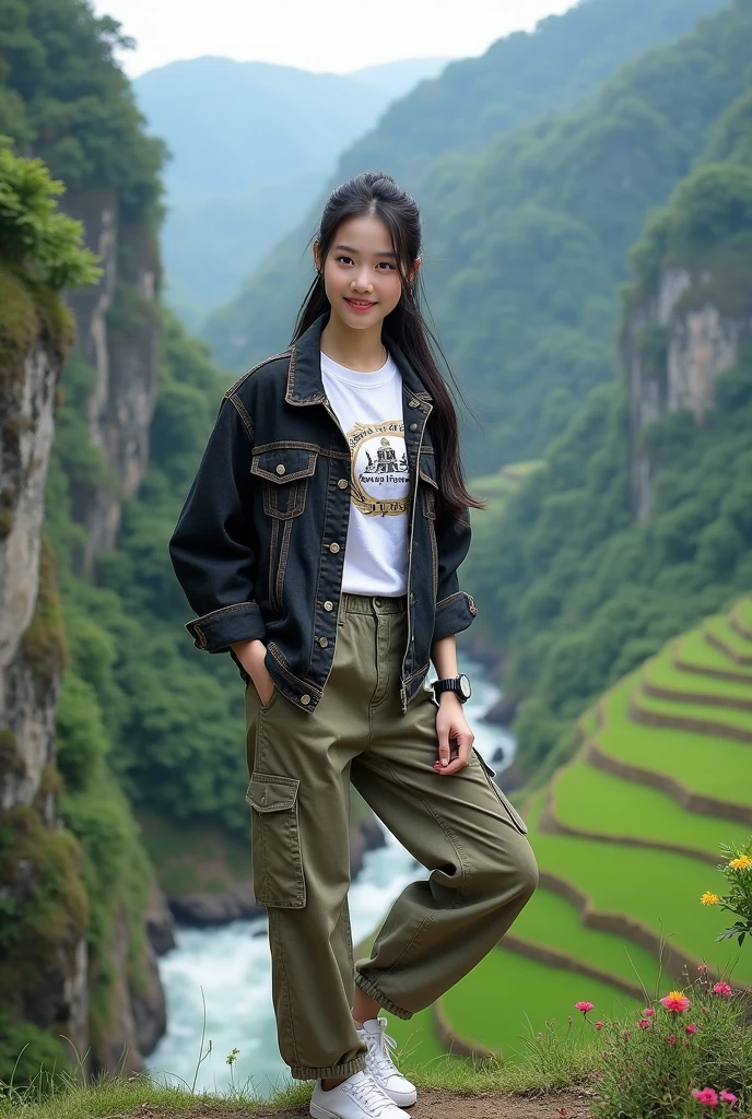 Beautiful Korean girl, smooth white skin, well-groomed face, black hair tied with a thin smile. Black brown jeans jacket, white Santi logo t-shirt, cargo pants, cool black watch, white shoes, posing on a high mountain, with the background visible from above is a river flowing fast from a waterfall. . Trees, green and spacious rice fields, cliffs covered with moss and beautiful flowers, original, realistic photos.