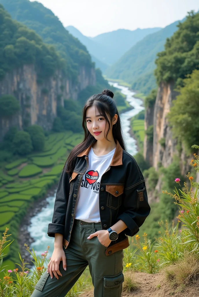 Beautiful Korean girl, smooth white skin, well-groomed face, black hair tied with a thin smile. Black brown jeans jacket, white Santi logo t-shirt, cargo pants, cool black watch, white shoes, posing on a high mountain, with the background visible from above is a river flowing fast from a waterfall. . Trees, green and spacious rice fields, cliffs covered with moss and beautiful flowers, original, realistic photos.