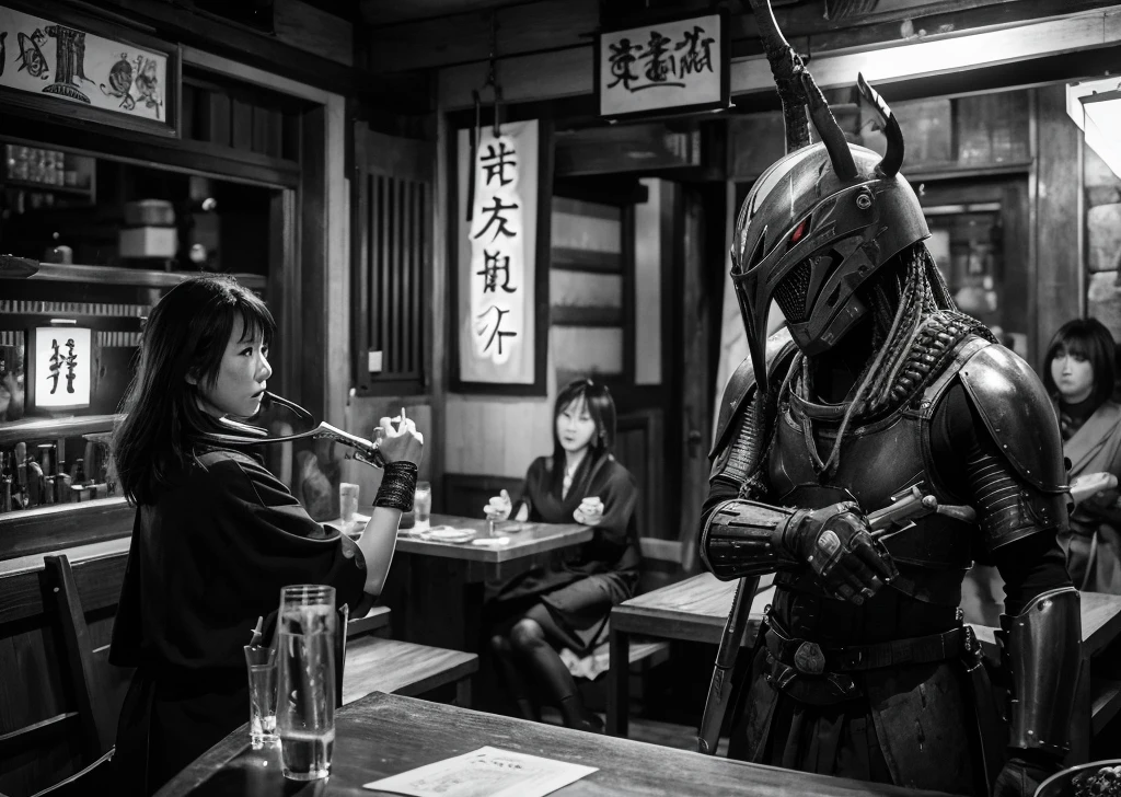 izakaya,japan,middle ages,monochrome,castle,science fiction,predator,yautja