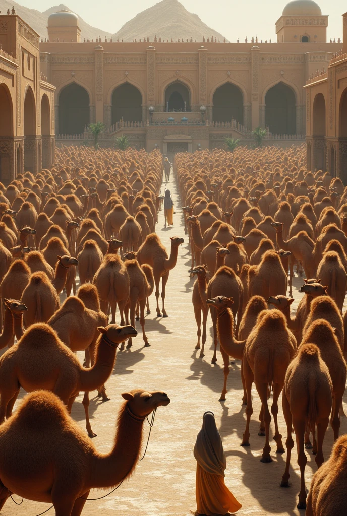 More than 200 beautiful camels without riders in a courtyard with their owners watching them from afar