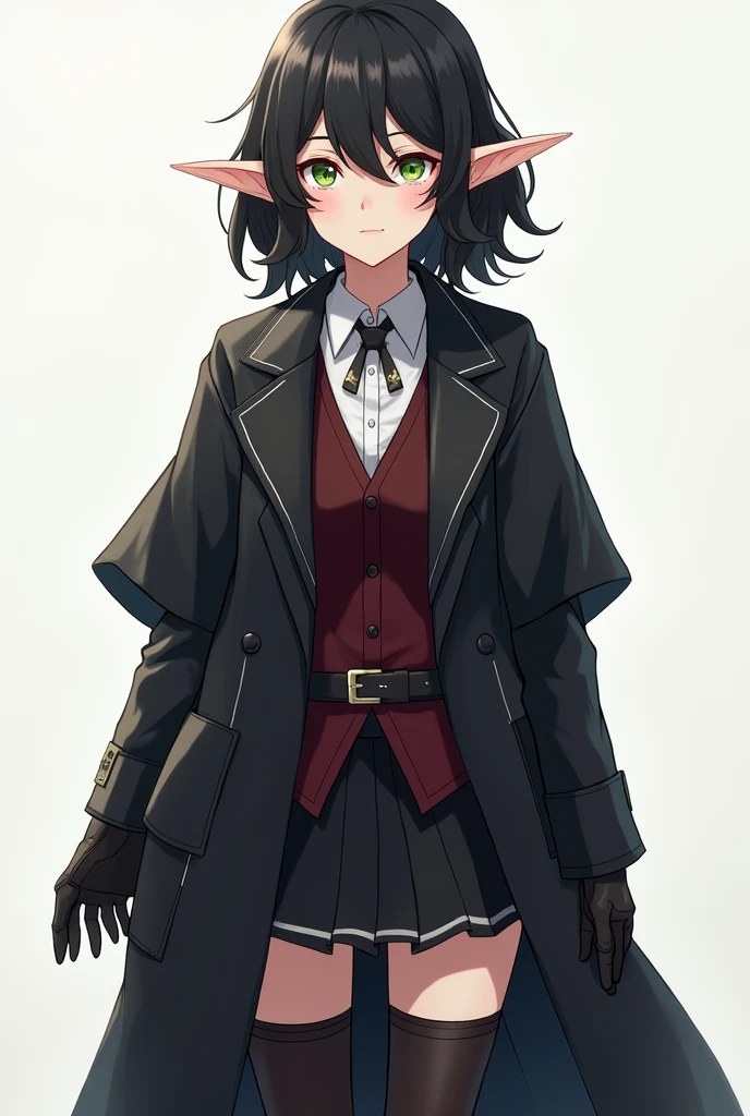 A female elf character, anime. Young and serene appearance of hair down to below the shoulders, wavy and dark, black, with an asymmetrical hairstyle that partially covers one side of her face, Her right eye is covered by her hair. His eyes are a deep green color. He is wearing black clothing that includes a long, dark trench coat., with long sleeves and shorts NO SKIRT. The trench coat has a belt tied at the waist., that fastens in the front. He has a white button-down shirt and a small, wine-red, closed vest.. He wears gloves and knee-high boots and a tie., los tres  black. The posture and facial expression suggest that she is ready for a battle or quick action.. She is tall and serious. That represents light and darkness 