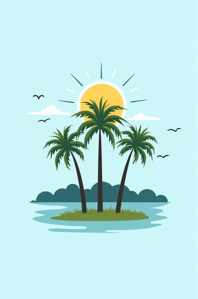 minimalistic logo, in the icon style for social network profile with three buriti palm trees (Mauritia Flexuosa) in the swamp, with the sun showing in the blue sky, with birds flying in the distance in the sky.