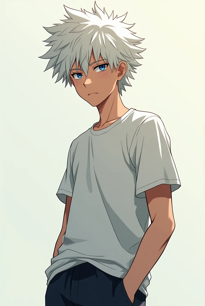 Manga boy over , age height, white curly hair, blue eyes, serious attitude, low shine, not so much, full body image