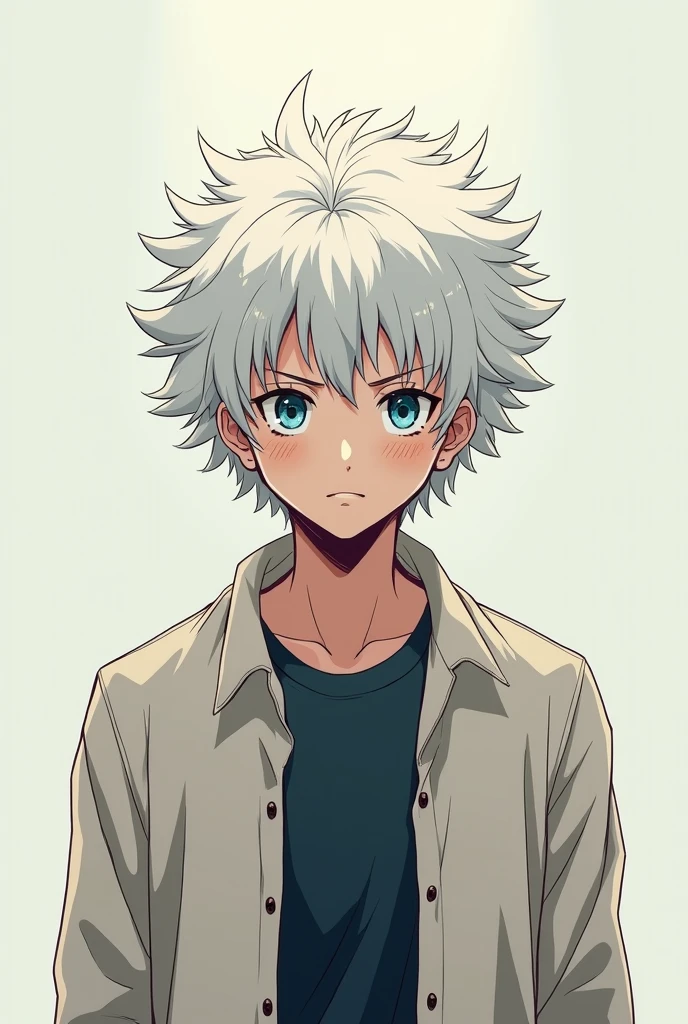 Manga boy over , age height, white curly hair, blue eyes, serious attitude, low shine, not so much, full body image