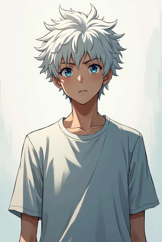 Manga boy over , teenage height, white curly hair, blue eyes, serious attitude, low shine, not so much, full body image