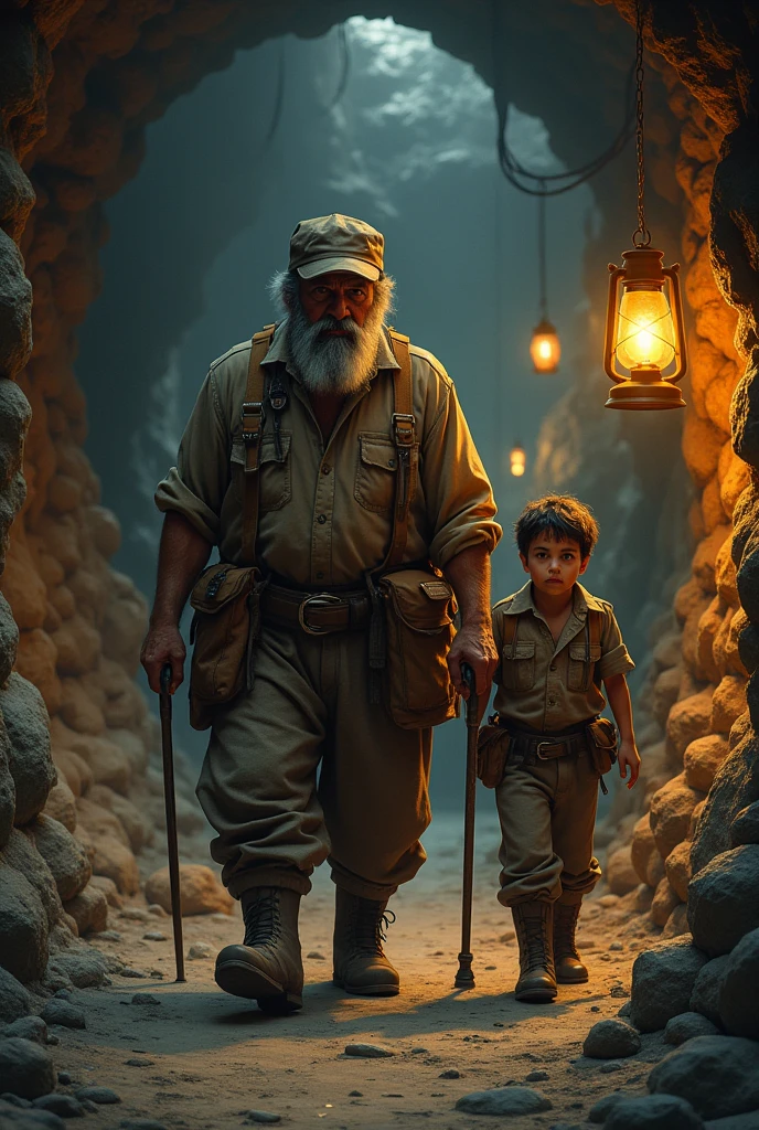 In a mine A foreman with a cap and beard, walks alongside a child Pedro and an old dad