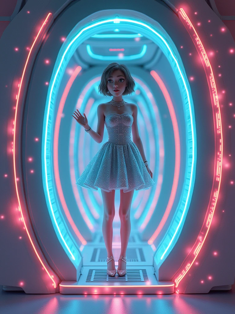 a pretty girl, wearing fashionable casual clothes, inside a teleport machine, short brown hair, vibrant colors, futuristic, sparkling jewelries, real cartoon 3D, fantasy