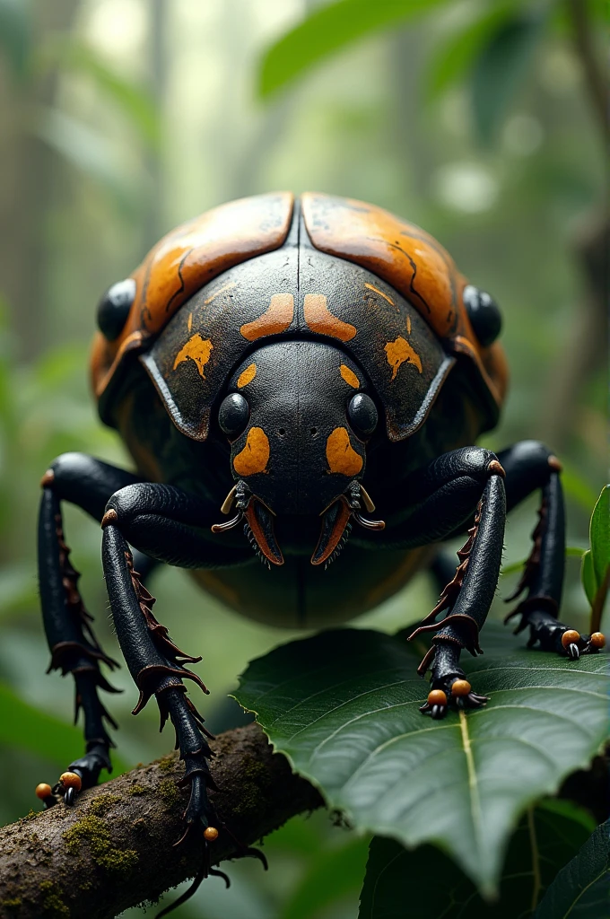 “Generate a detailed and lifelike image of a Goliath Beetle in its natural environment. Emphasize its impressive size and striking patterns, with the beetle on a leaf or branch.”