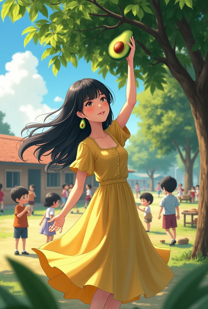 black-haired teacher, long and loose, avocado shaped earrings, at the country school with children playing and the teacher picking avocados, with a beautiful dress