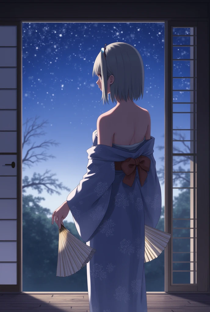 Woman in yukata、Shoulder Bare、Back view、Japanese-style room、I can see the night sky、Fan in right hand、high resolution