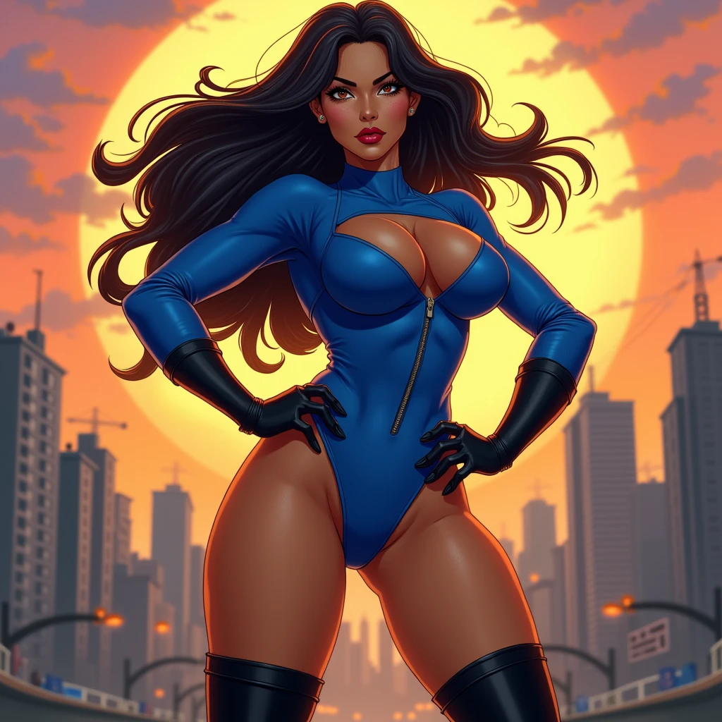 a action scene with A (((tan skinned woman))) long flowing black hair, curvy body, athletic body, thic thighs, thick thighs, hourglass figure, wide hips, large breasts, (((tanned skin))), ((Highest quality)), (detailed eyes, brown eyes), (brown eyes:1.3), (her eyes are brown), very pretty, hour glass figure, strong jaw, (narrow waist), wearing (((bright Blue)) leotard), Bare thighs, long sleeves, zipper in the front, black thigh high boots, black gloves, dark red lipstick, city scape background. Show her standing confidently with her hands on her hips. sunset background, wind blowing hair, cityscape, standing akimbo, feet apart, heroic pose