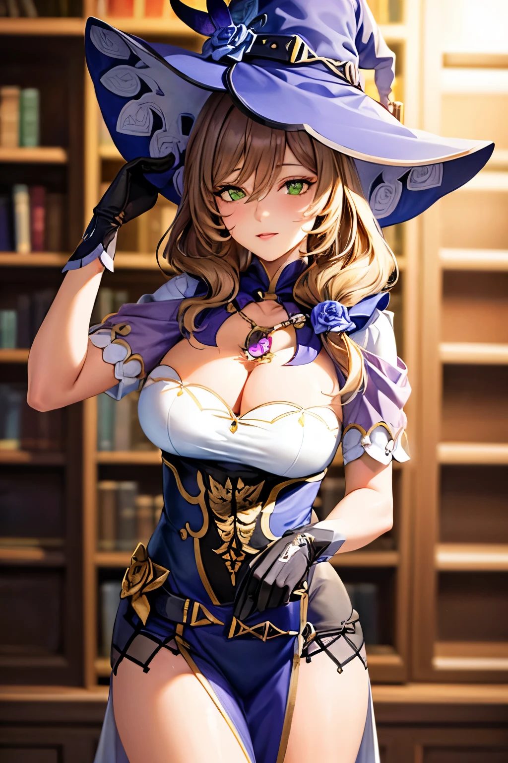 a young girl standing in a library, her hand on her chest, 1girl, beautiful detailed eyes, witch hat ,beautiful detailed lips, extremely detailed face, long eyelashes, intricate details, serene expression, natural lighting, warm color tones, (best quality,4k,8k,highres,masterpiece:1.2),ultra-detailed ,HDR, UHD, studio lighting, ultra-fine painting, sharp focus ,physically-based rendering, extreme detail description ,professional ,vivid colors ,bokeh, portraits