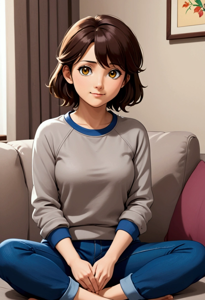 bell, アニメ, chestnut hair, medium breasts, eyes browns, drlight smile, jeans, tissue, gray sweatshirt, blue pants, sitting down, cross-legged, Inside a smart home, sitting down on the couch, Asada Shino&#39;s face, アニメ Espada Arte Online, best qualityer