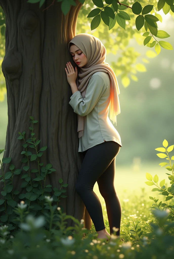 Show a slightly chubby Malay female, pose beside a tree. Hugging herself. Wearing hijab, skintight inner and leggings.