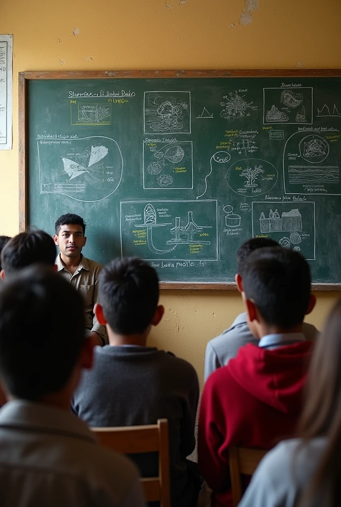 Students learning about a topic in front of a blackboard about drought in San Pedro, Chile
