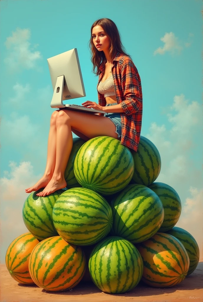 a woman sitting on top of a pile of watermelon, by Giorgio Cavallon, bralette, plaid shirt, ukrainian girl, 🤠 using a 🖥