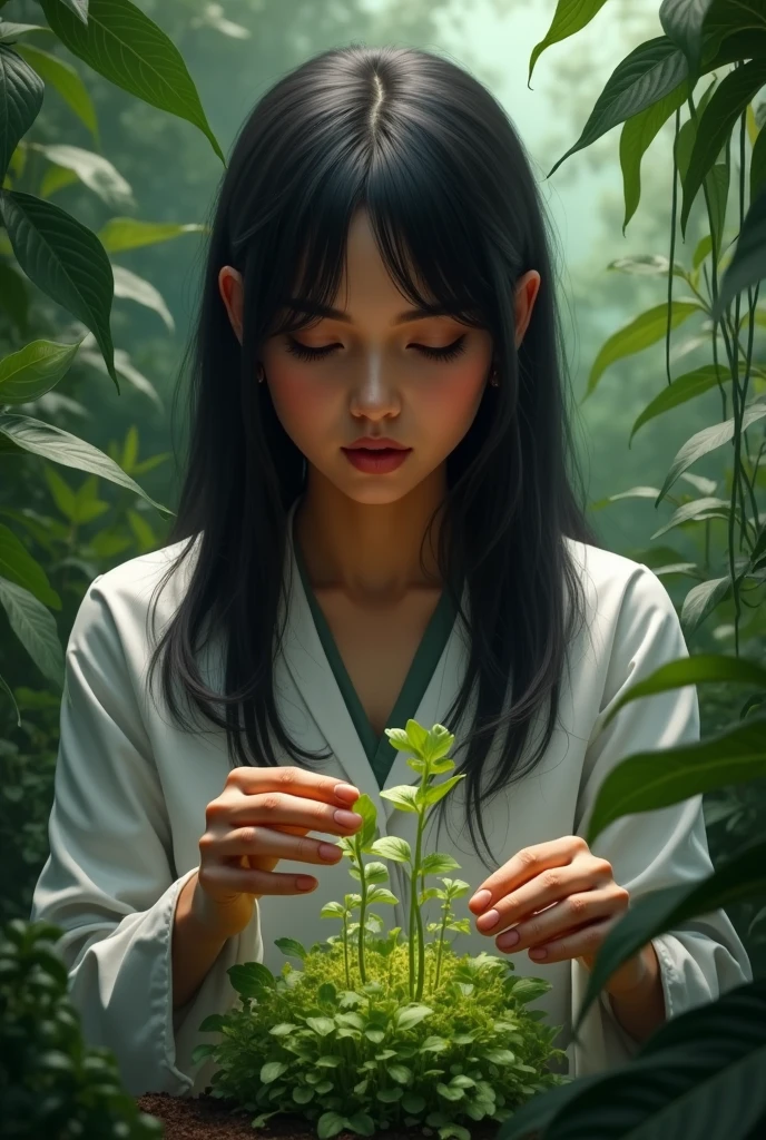 An image showing a dark-haired Latina woman with straight hair and slanted eyes. Being a plant doctor. dark-skinned 