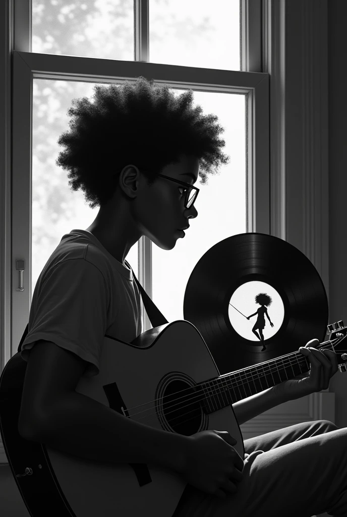Music layer: LP record with a black teenager with glasses, curly hair, with a guitar in his hand, desperate, with his back turned, looking at a window, inside the LP, seeing a black girl with curly hair walking away, and everything in black and white