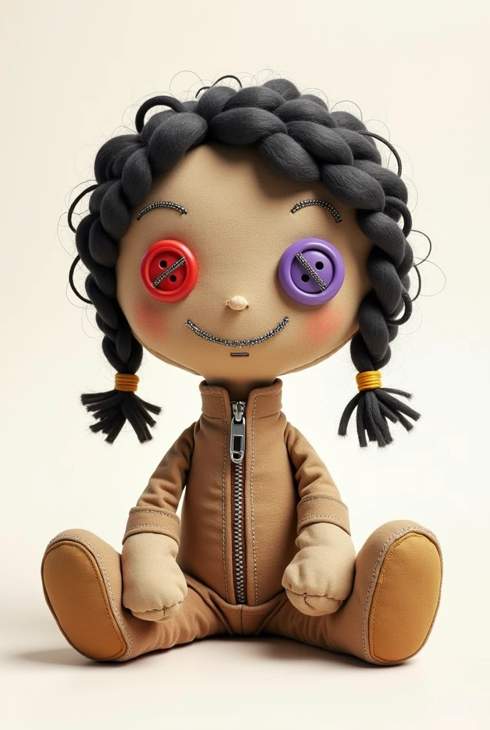BBody: The doll has a light brown body made of cloth, with visible seams in several parts, giving it a patched and handcrafted look.
Eyes: The eyes are represented by two buttons, one large red and the other small purple, sewn with white thread in the shape of an "X" and a "T".
Mouth: The mouth is sewn in a curved line with thick stitches and is black with white or gray threads.
Hair: He has a type of hair made of thick, dark braids or curls, which appear to be tied on the top of his head with a yellow thread or rope.
Accessories: There is a small metal closure (zipper type) on the neck, which adds a unique and distinctive touch.
Posture: The doll is sitting with her legs extended, giving the feeling of an old or worn toy.
Style: the style of the image is cartoonish or cartoon