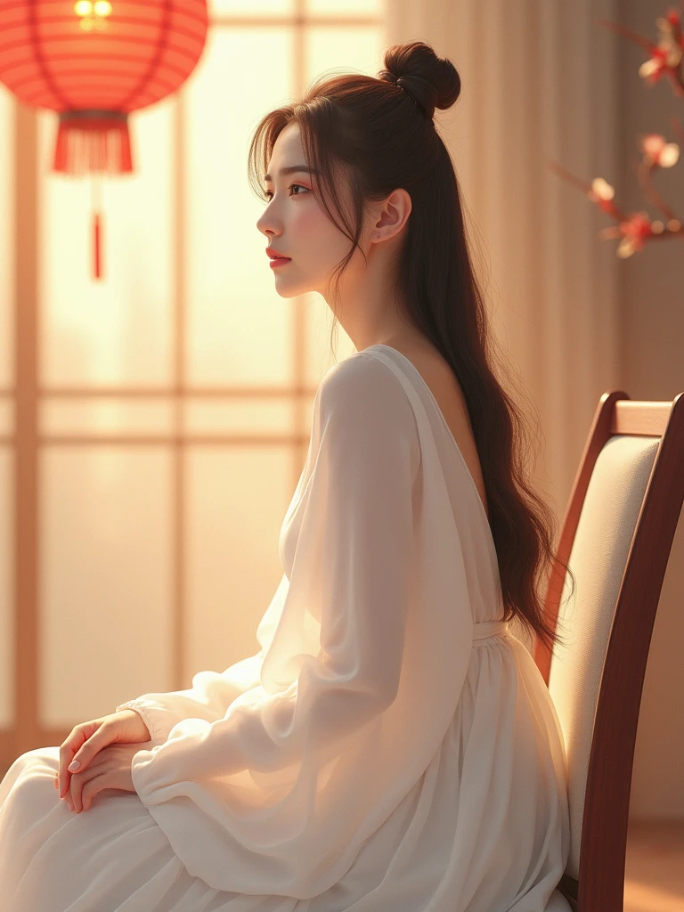 True. wears a white dress with the concept of Mid-Autumn Festival. A beautiful and young Asian girl Sitting on a chair. Mid-Autumn Festival