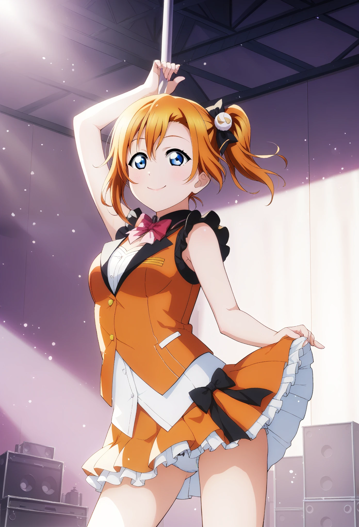 score_9, score_8_superior, score_7_superior, score_6_superior, sauce_anime, One person, Honoka Kousaka, lovelive!, score_9, score_8_superior, score_7_superior, score_6_superior, sauce_anime, blue eyes, Orange Hair, Medium chest, Side Ponytail, Medium Hair, Idol, dancing, noon, μs Costume, stage, Outdoor, sunlight, Idolコスチューム, White panties, Frilled Panties, Panty shot, alone, Skirt that flips up big, smile