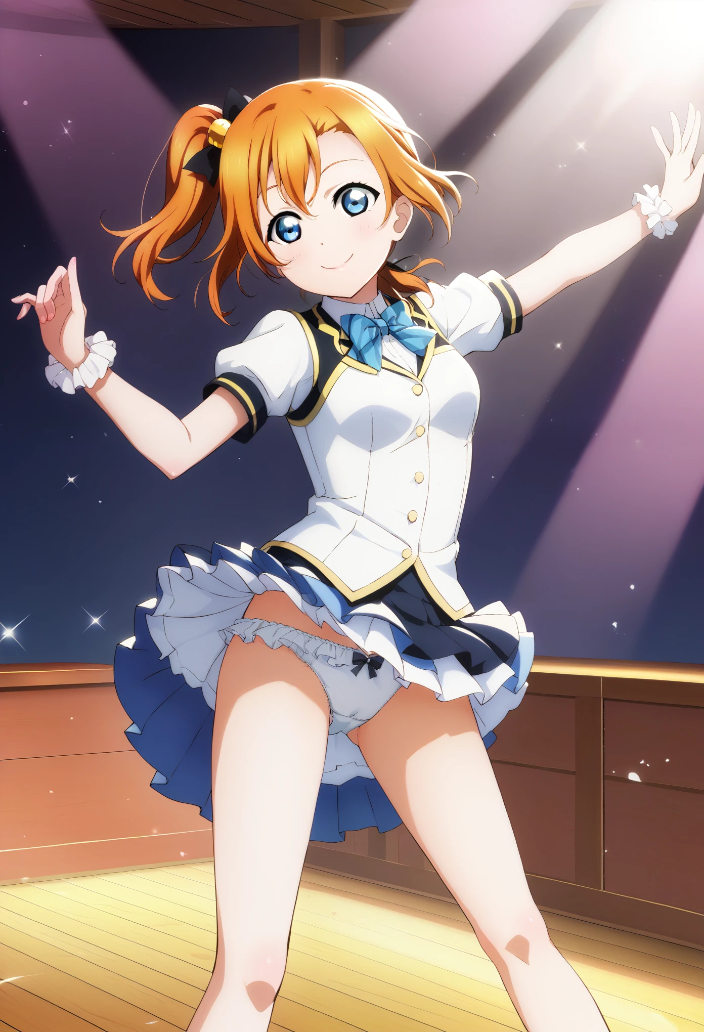 score_9, score_8_superior, score_7_superior, score_6_superior, sauce_anime, One person, Honoka Kousaka, lovelive!, score_9, score_8_superior, score_7_superior, score_6_superior, sauce_anime, blue eyes, Orange Hair, Medium chest, Side Ponytail, Medium Hair, Idol, dancing, noon, μsのIdol衣装, loveliveのIdolコスチューム, stage, Outdoor, sunlight, Idolコスチューム, White panties, Frilled Panties, Panty shot, alone, Skirt that flips up big, smile