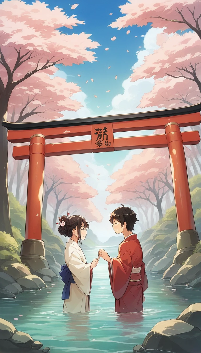 asian couple in traditional dress standing in water with cherry blossoms, kyoto inspired, japan travel aesthetic, inspired by Torii Kiyomitsu, japaneese style, inspired by Torii Kiyomasu, inspired by Itō Jakuchū, japanese style, inspired by Torii Kiyomasu II, japanic style, japanese art style, fotography,cinematic, ultra detail,8k