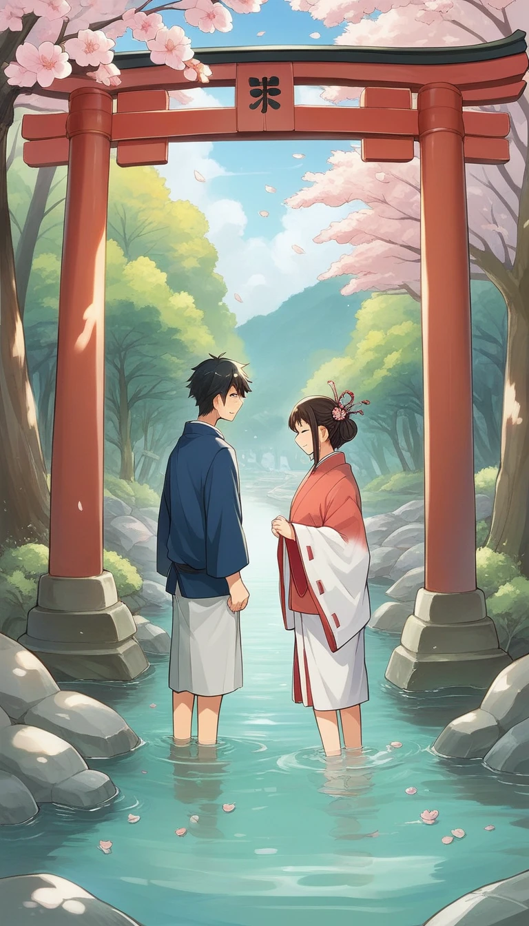 asian couple in traditional dress standing in water with cherry blossoms, kyoto inspired, japan travel aesthetic, inspired by Torii Kiyomitsu, japaneese style, inspired by Torii Kiyomasu, inspired by Itō Jakuchū, japanese style, inspired by Torii Kiyomasu II, japanic style, japanese art style, fotography,cinematic, ultra detail,8k