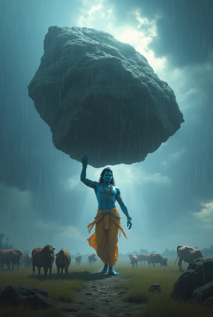 Krishna lifting the govardhan parvath in the stromy weather with his little finger


