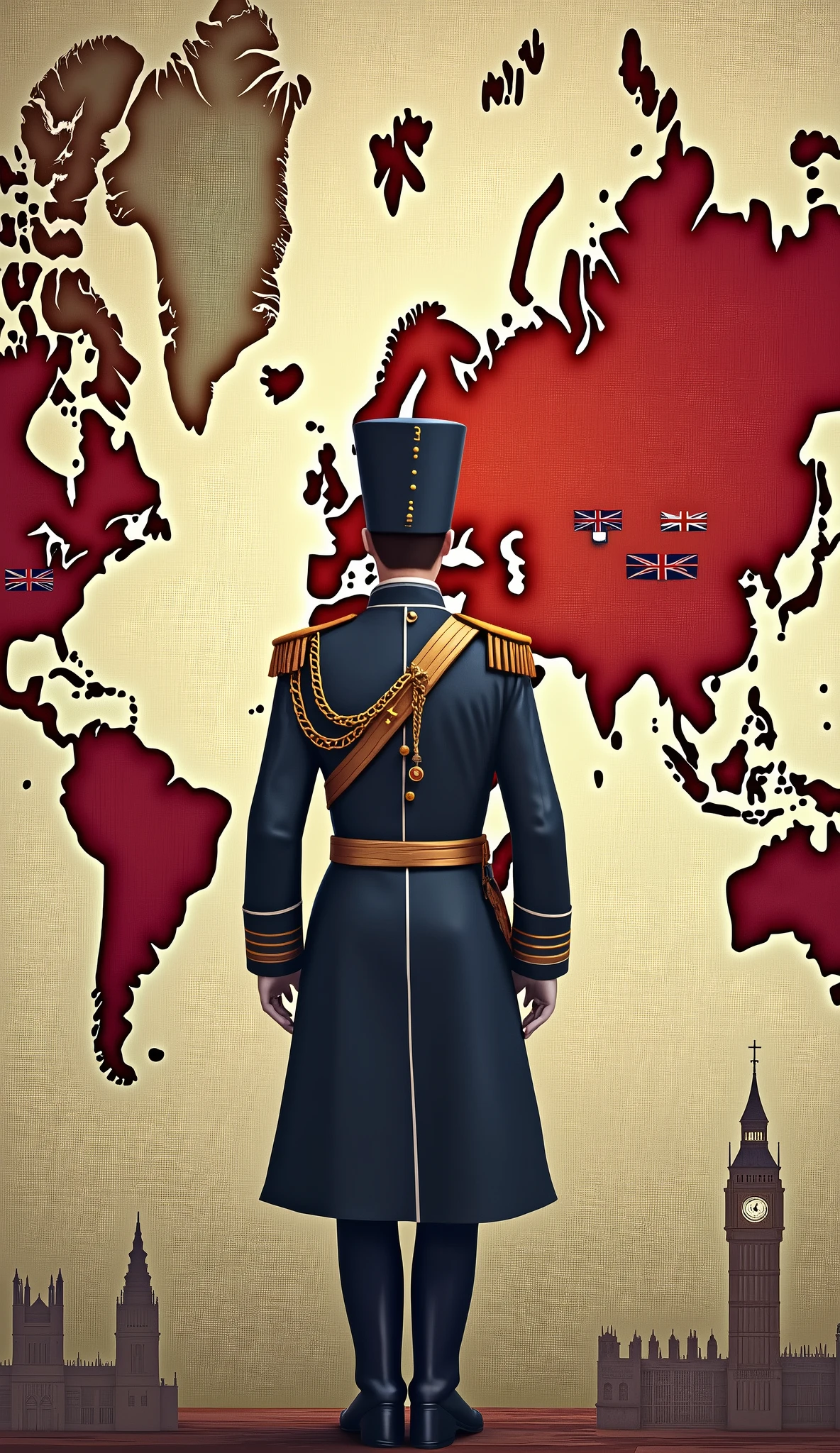 Show a world map highlighting British territories in red, with iconic symbols like Big Ben and the British flag. Include a figure in a colonial uniform to symbolize British rule.