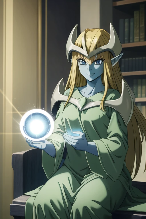 mysticalygo, mystical elf, smile, green dress, long sleeves dress., loose sleeves, long skirt, blue skin, blonde hair, long hair, room, Yugioh, 1girl, Solo, 