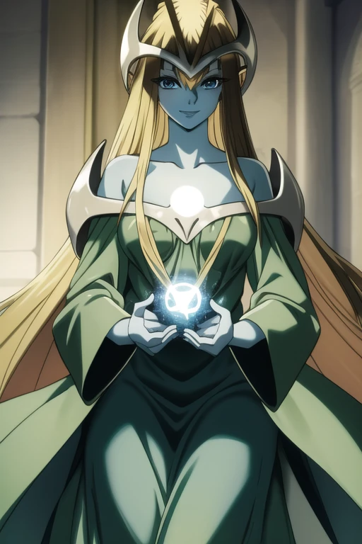 mysticalygo, mystical elf, smile, green dress, long sleeves dress., loose sleeves, long skirt, blue skin, blonde hair, long hair, room, Yugioh, 1girl, Solo, 