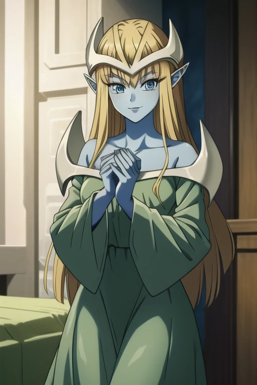 mysticalygo, mystical elf, smile, green dress, long sleeves dress., loose sleeves, long skirt, blue skin, blonde hair, long hair, room, Yugioh, 1girl, Solo, 